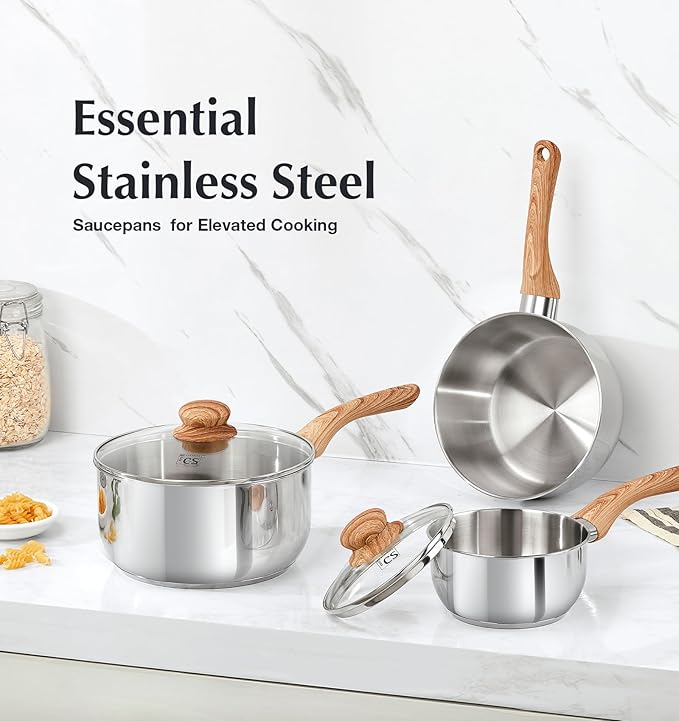 KOCH SYSTEME CS Stainless Steel Saucepan Set, 4-Piece Stainless Steel Sauce Pan with Cool-Touch Bakelite Handle, 1 QT & 2 QT Saucepan with Lid, Steel Pots Induction Ready