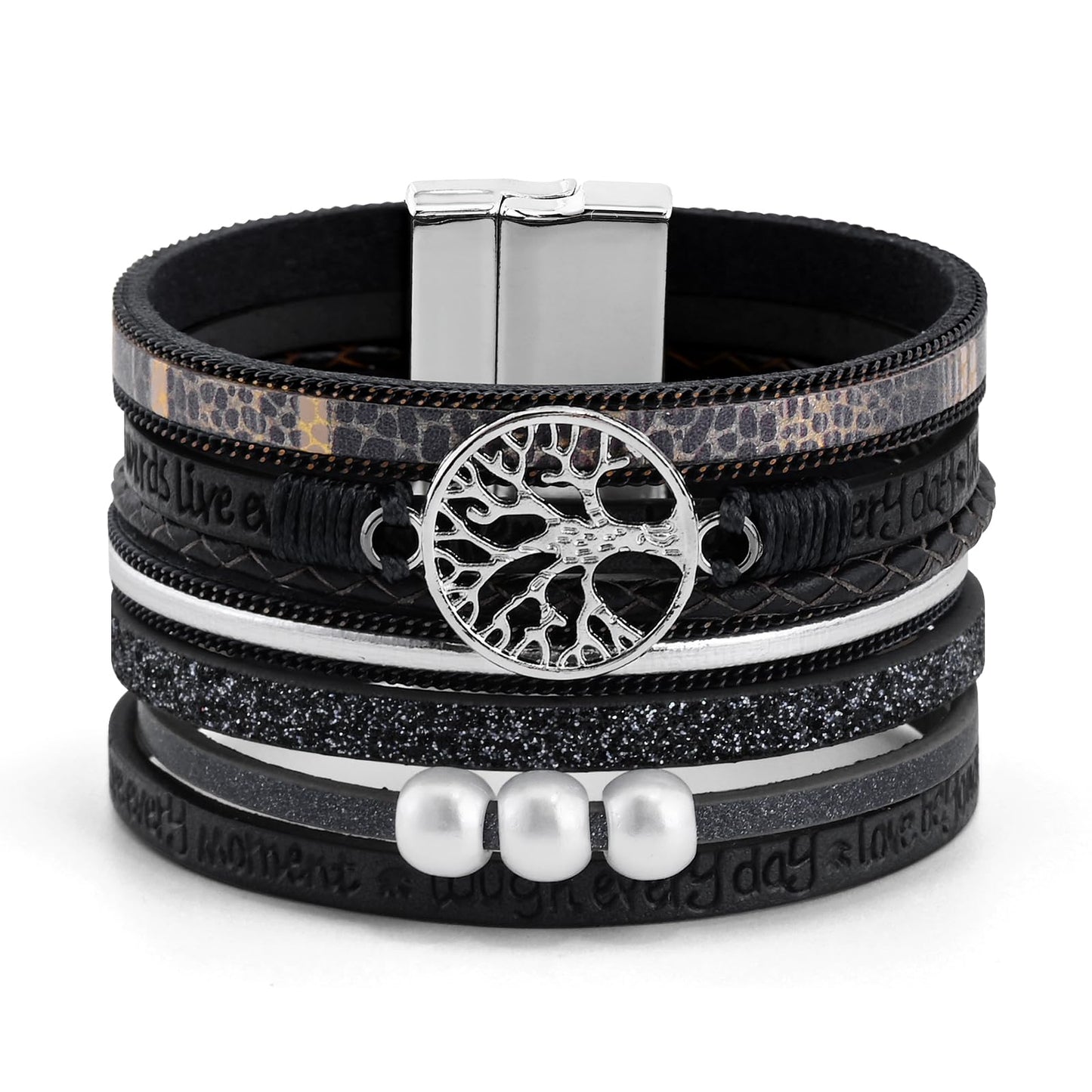 VIBILIA Boho Leather Wrap Bracelets for Women Tree of Life Multi-Layer Bracelets with Strong Clasp Jewelry for Women-Black