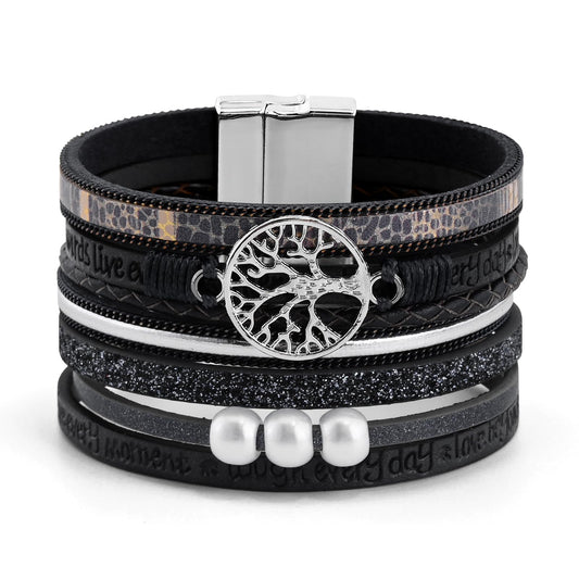 VIBILIA Boho Leather Wrap Bracelets for Women Tree of Life Multi-Layer Bracelets with Strong Clasp Jewelry for Women-Black