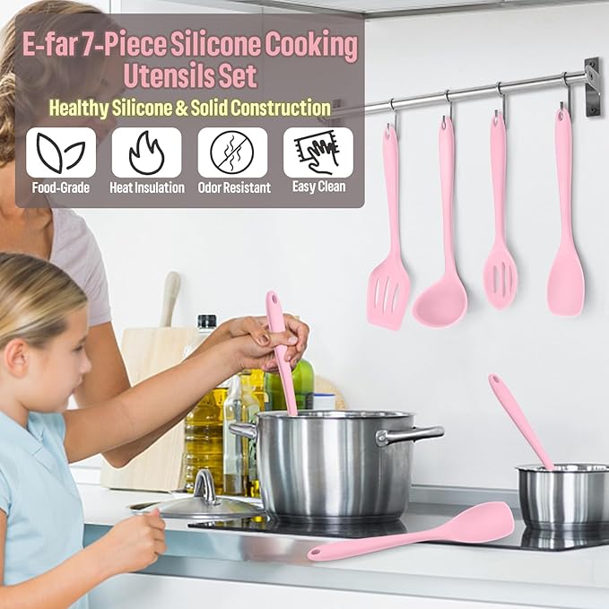 E-far Silicone Cooking Utensils Set, 7-Piece Pink Heat Resistant Kitchen Utensils Set, Kitchen Nonstick Tools Spatula Ladle Spoon Pasta Server for Non-stick Cookware, Non-Toxic & Dishwasher safe