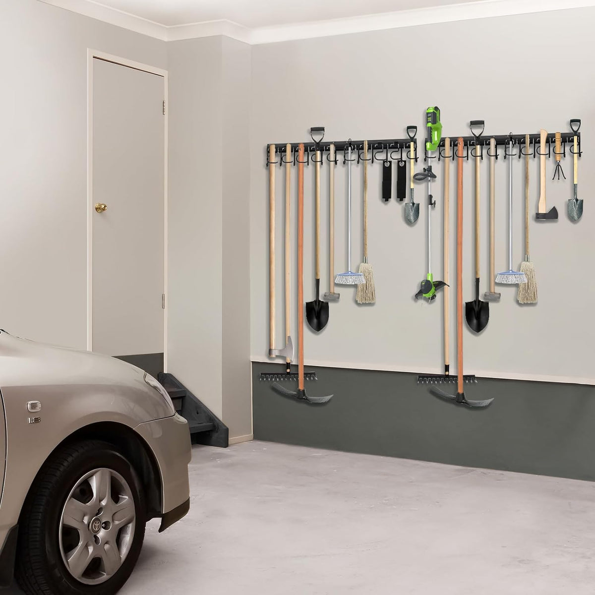 LEYU Metal Garage Tool Organizer Wall Mount, 2 Pack Garden Tool Organizer With Extension Cord Straps, Garage Organization Hooks and Hangers for Shed, Yard Storage, Wall Holder for Hanging Broom Mop