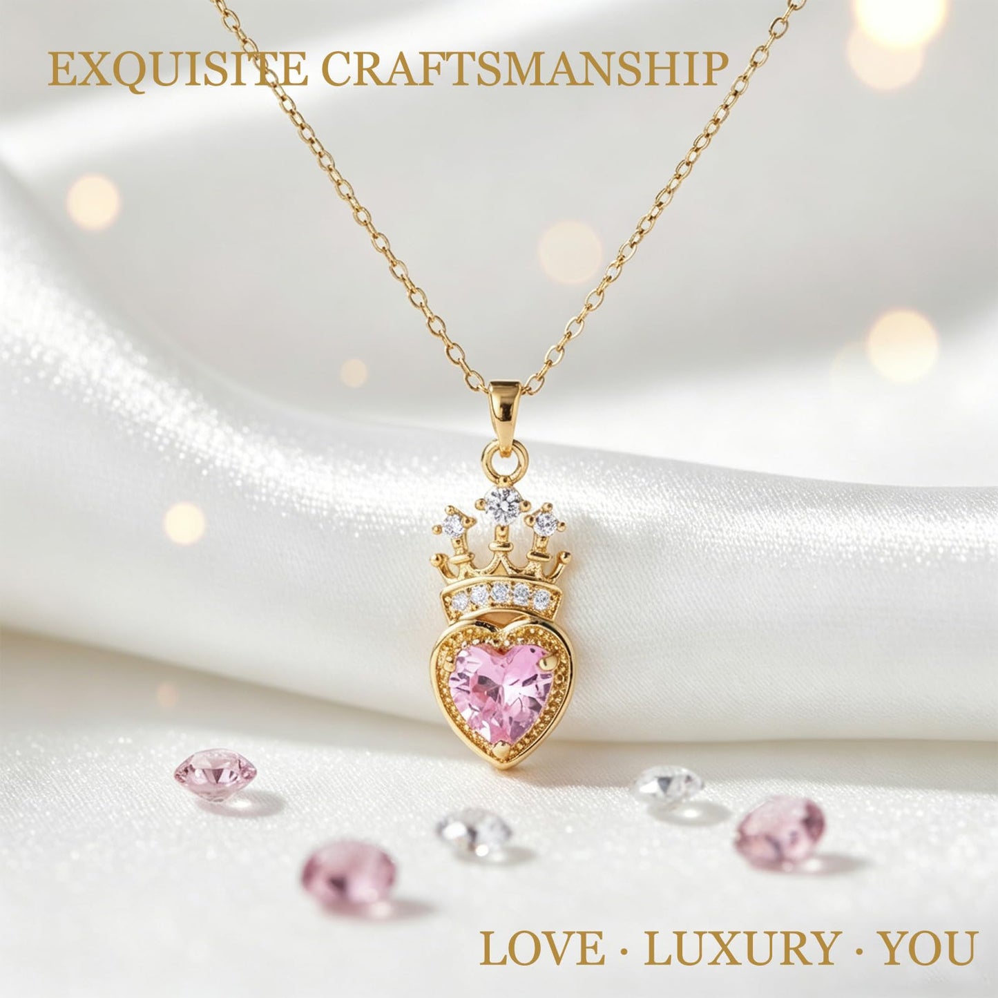 crataly Crown Rose Quartz Necklace-Gold Plated Heart Necklace For Women October Birthstone Jewelry For Valentine's Day Mother's Day Christmas Birthday Gifts