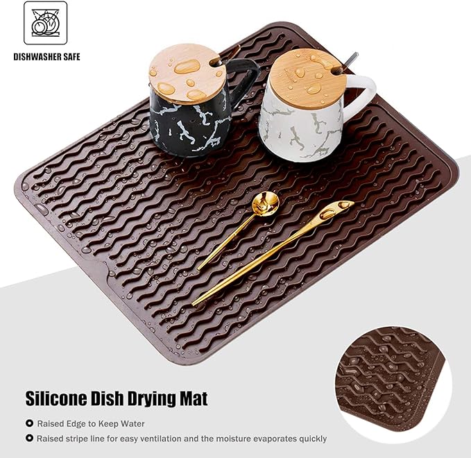 Silicone Dish Drying Mat, Non-Slip Easy Clean Sink Mat Large Heat-resistant Dish Drainer Mat for Kitchen Counter, Sink, Refrigerator or Drawer liner (16" x 12", COFFEE)