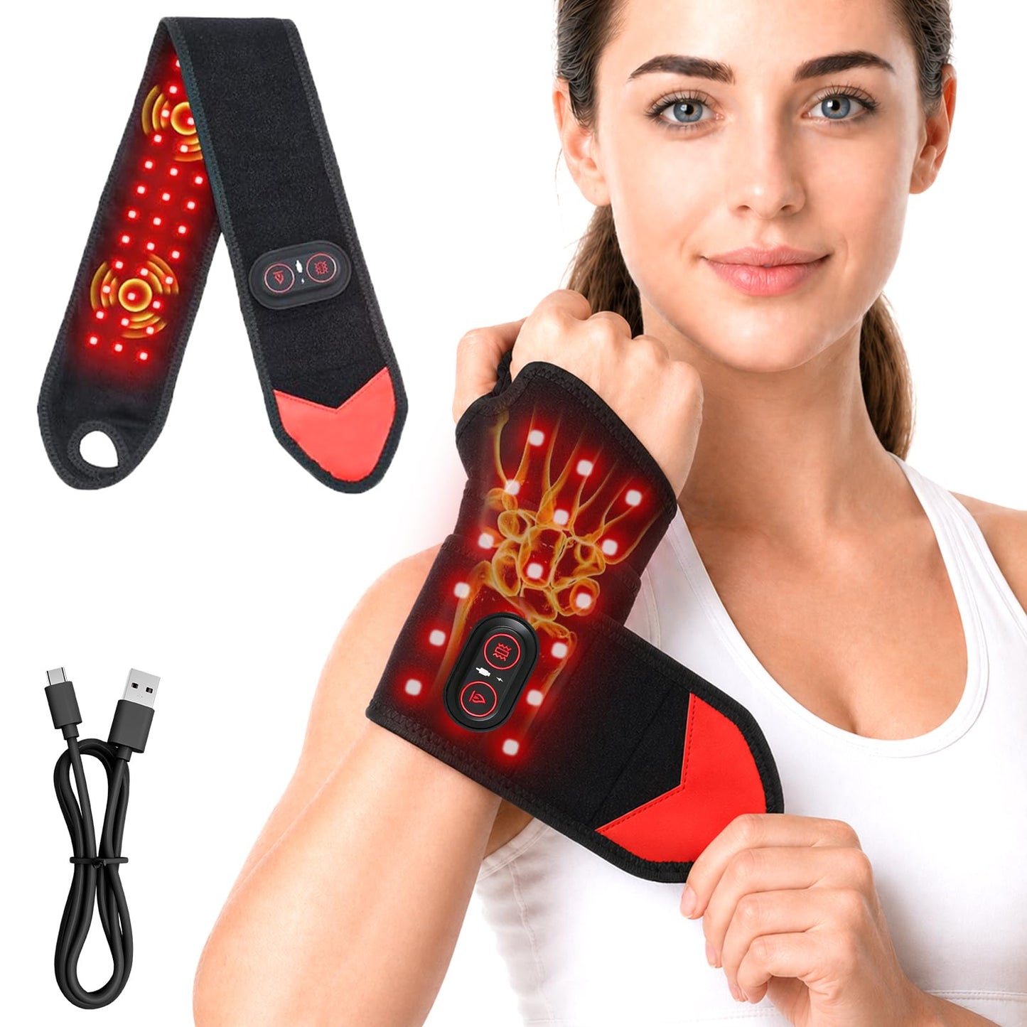 Red Light Therapy for Wrist and Hand,Cordless Heated Wrist Brace with Vibration,with Temperature Control,Red Light Therapy Heated Wrist Massager Wrap y 36 LED for Wrist, Arm,660nm & 850nm