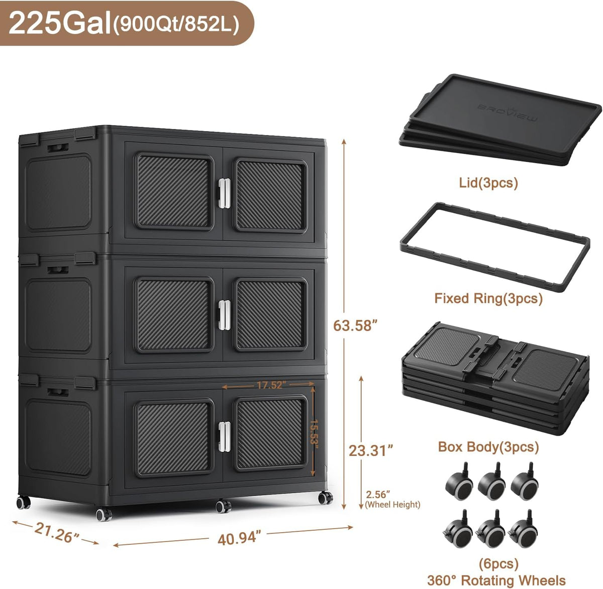 900 Qt Stackable Storage Bin with Lid, 225Gal Extra Large Collapsible Storage Boxes, Folding Plastic Drawer, Heavy-Duty Store Cabinet, Closet Organizer for Home Kitchen, 3 Pack Black