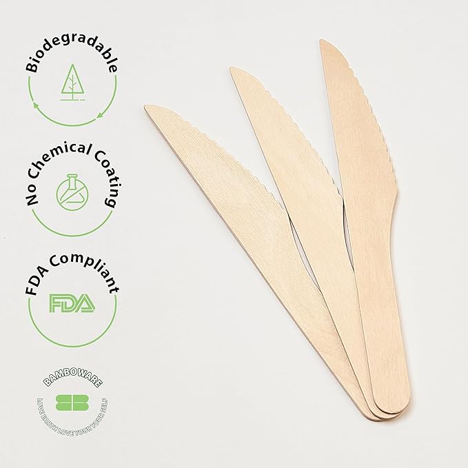 Wooden Knives 300 Pieces | Natural Birch Wood Disposable Knives | Biodegradable, Smooth & Strong for Parties, Weddings, and Outdoor Events