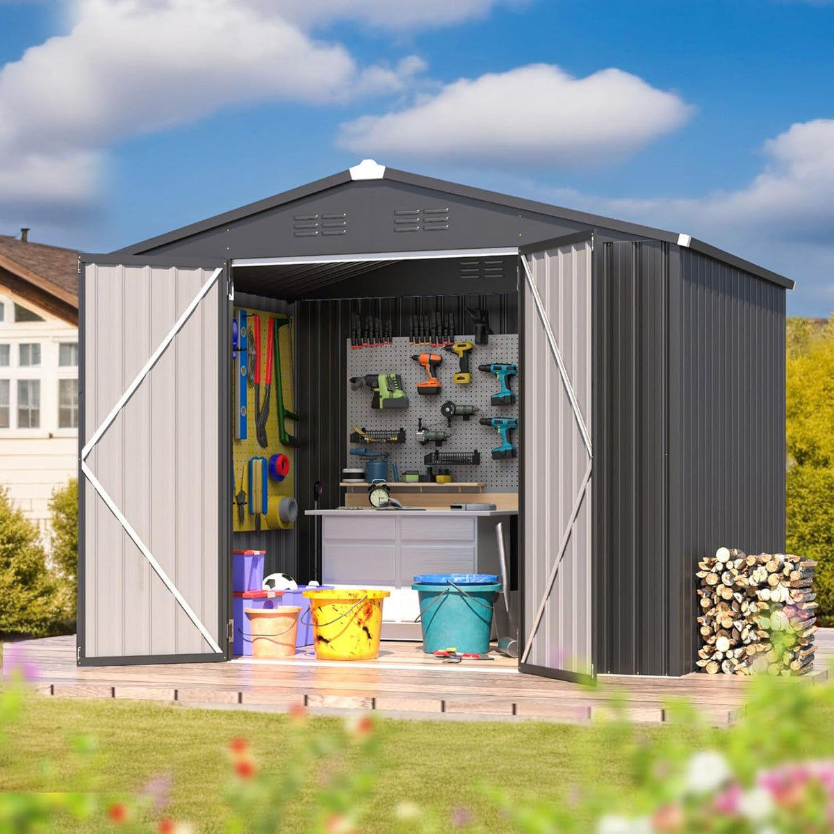 AECOJOY Shed 8' x 6' Metal Storage Shed for Outdoor, Dark Grey Steel Backyard Shed (53 Sq.Ft Land) with Design of Lockable Doors, Utility and Tool Storage for Garden, Backyard, Patio, Outside use