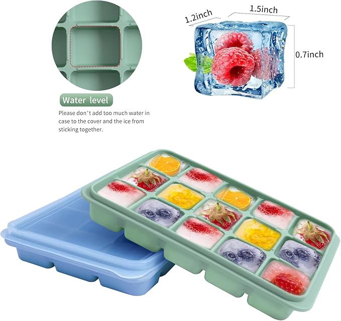 Ice Cube Trays Set of 2, Easy Release 15 Flexible Silicone Ice Cube Molds with Removable Lid Reusable Freezer Ice Trays Stackable for Whiskey, Baby Food, BPA Free (BLUE+GREEN)