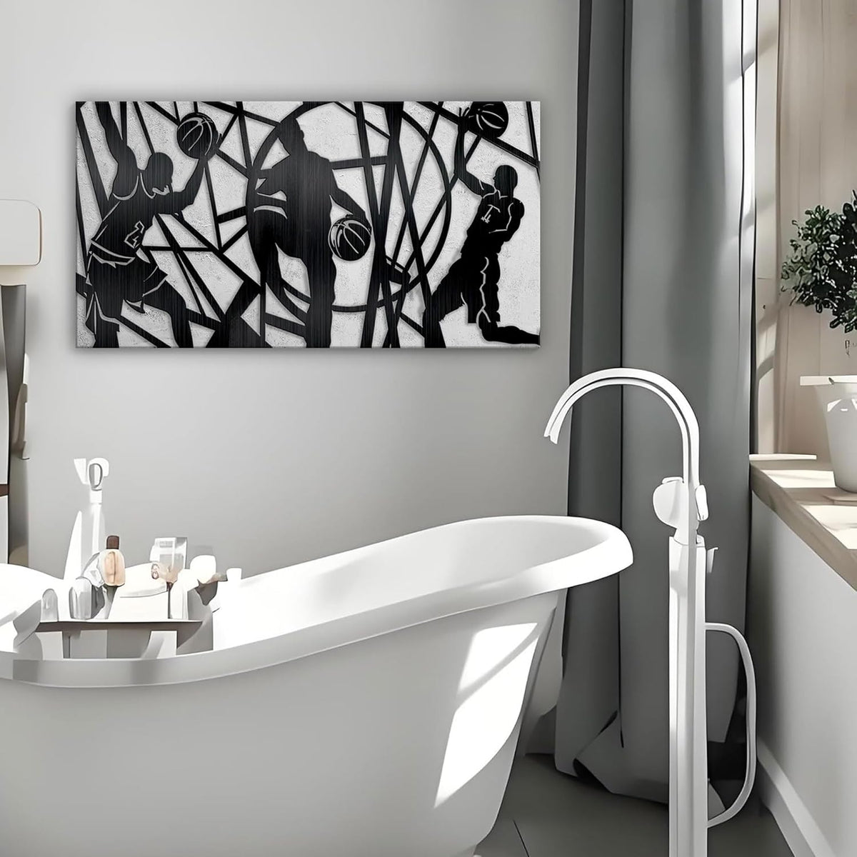Black and White Wall Art, Basketball Lines Sports Theme Canvas Print Modern Art Paintings for Living Room Boys Room Game Room Bedroom Large Wall Decor 20x40 In