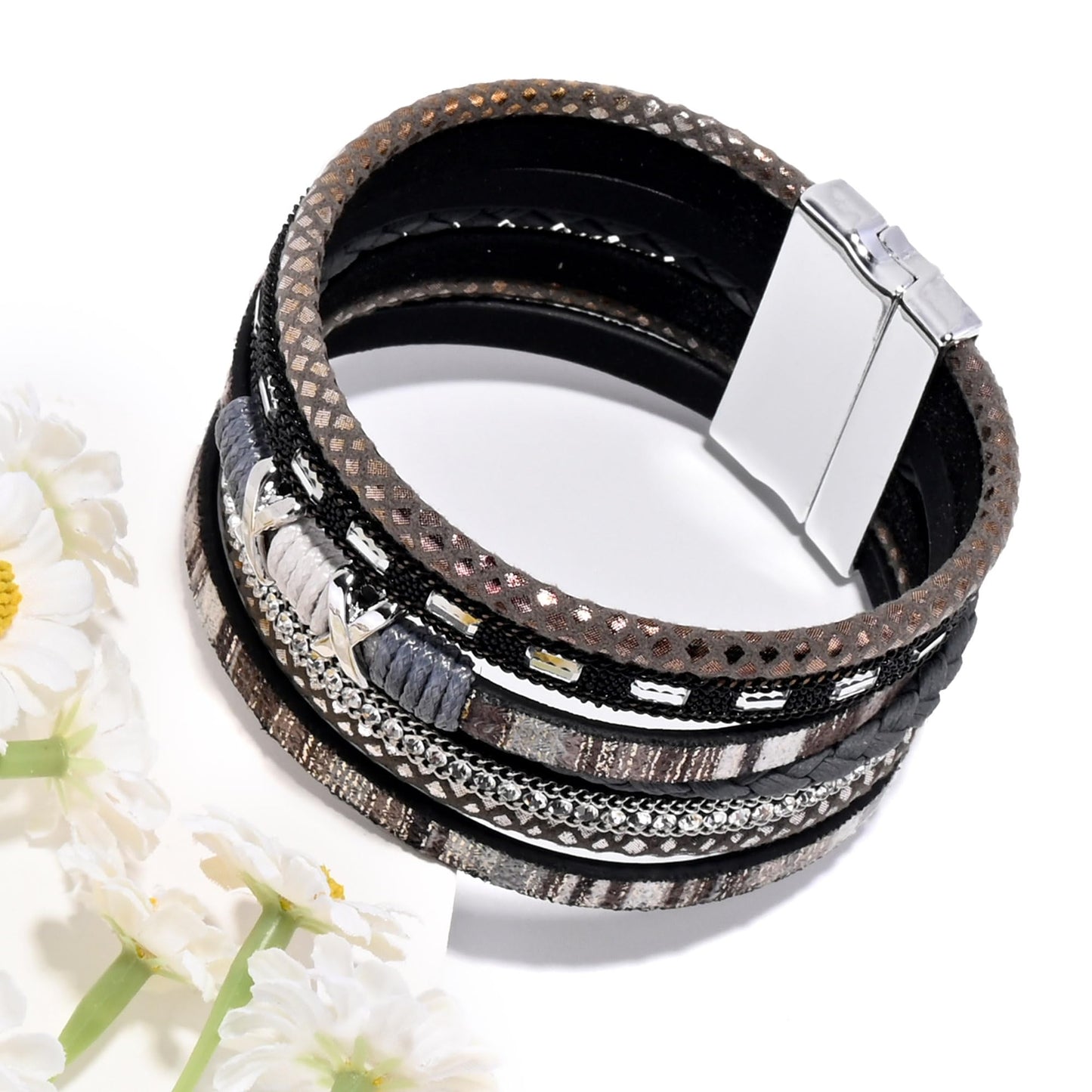 VIBILIA Boho Leather Wrap Bracelets for Women Trendy Layered Multi-Layer Boho Bracelets with Strong Clasp Jewelry for Women-Black