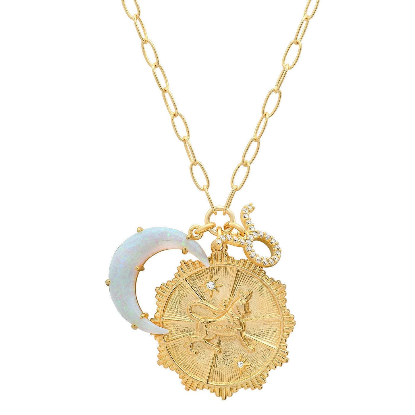 Lanadale Dainty Gold Taurus Zodiac Coin Opal Crescent Moon Charm Necklace for Women Trendy 18K Gold Plated Retro Paperclip Chain 12 Constellation Horoscope Necklaces Astrology Jewelry Gifts