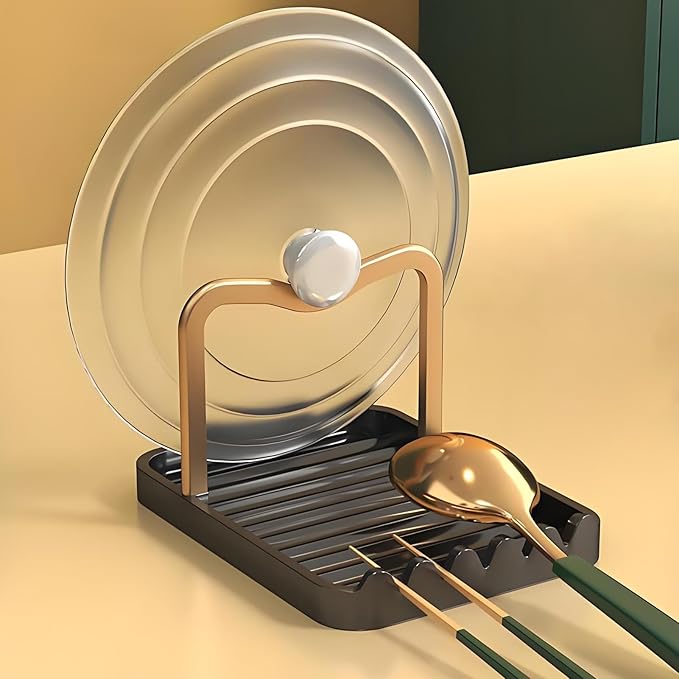 Stainless Steel Pot Lid Holder-Kitchen Organizer & Utensil Storage Rack with Detachable Drain Tray, Non-Slip Anti-Rust Countertop Space Saver for Spoons, Spatulas,Ladles,Tongs (Black Gold)
