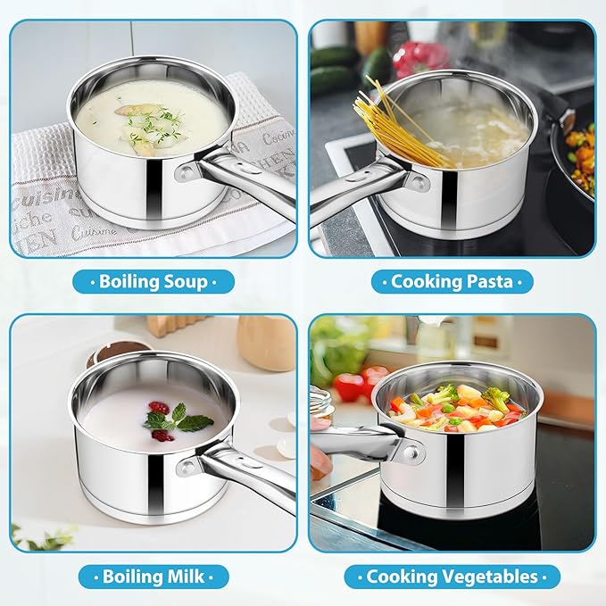 TeamFar 1 qt Saucepan, Stainless Steel Small Sauce Pan & Lid with Tri-ply Bottom for Cooking/Boiling/Stewing, For Induction/Gas/Electric, Non-Toxic & Heavy Duty, Straight Side & Dishwasher Safe