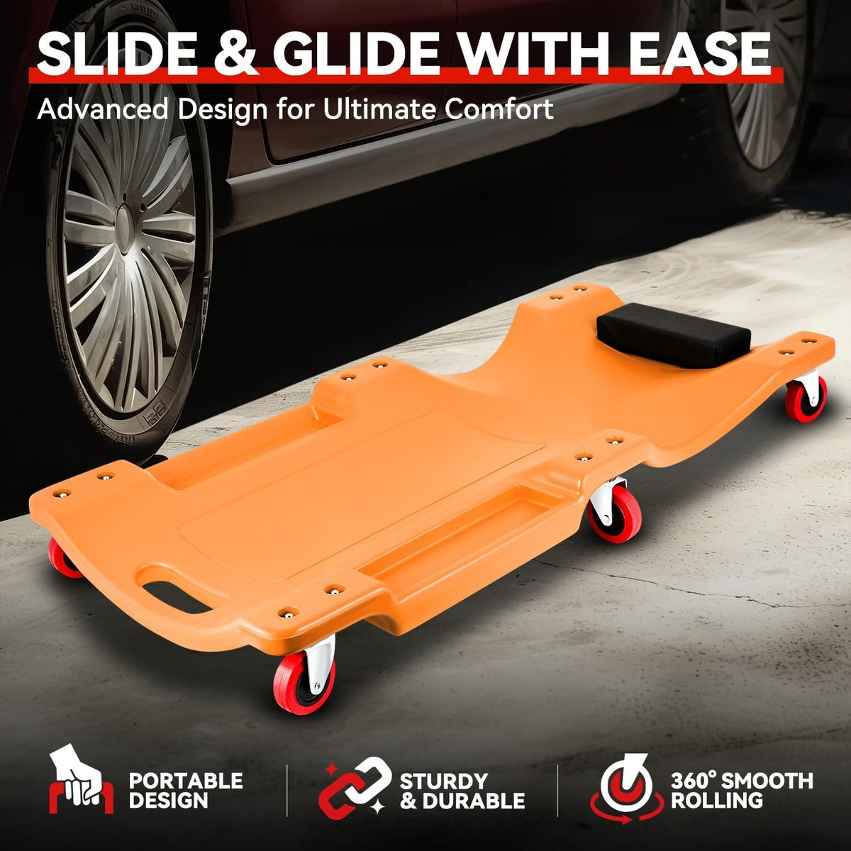 Auto Dynasty 36 Inches Mechanic Creeper, Automotive Garage Repair Low Profile Under Car Rolling Creeper with Padded Headrest, Plastic, Orange