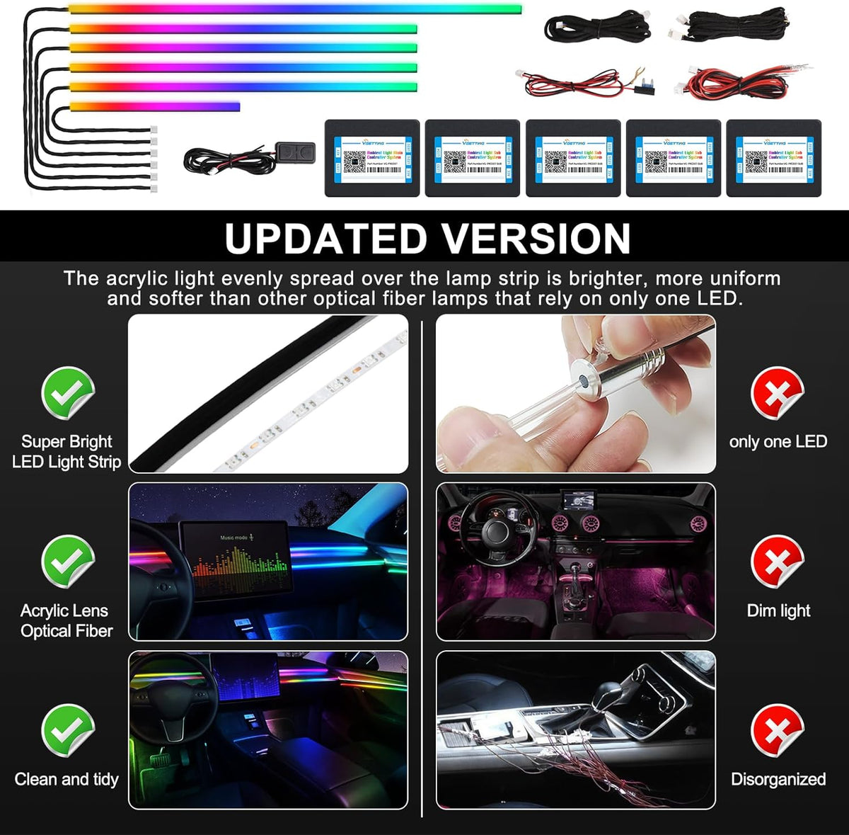 Dreamcolor Acrylic Interior Car LED Strip Light with Wireless APP, RGB 6 in 1 with 175 inches 600 LEDs Fiber Optic Car Ambient Lighting Kits, Sound Active Function LED Strip for Car Accessories