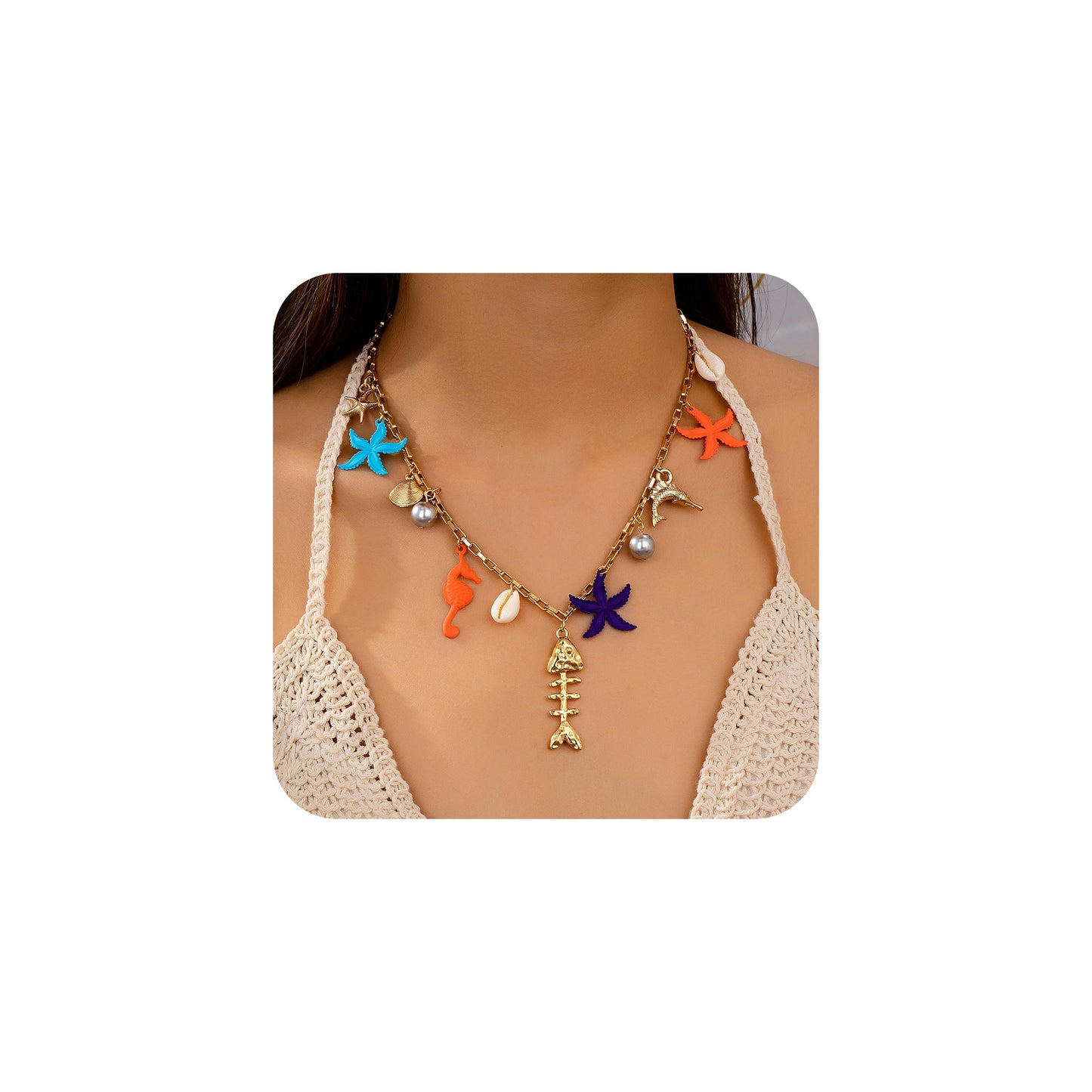 Gold Fish Charm Necklace for Women Shell Starfish Dolphin Seahorse Fishbone Pearl Seashell Pendant Necklace Fashion Trendy Chic Ocean Beach Summer Holiday Jewelry (Multicolour)