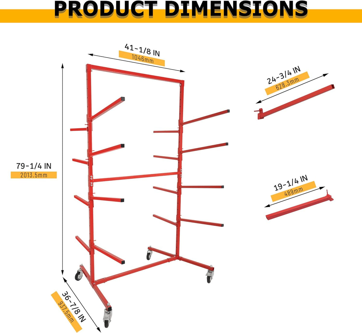 KUAFU Mobile Bumper Storage Rack w/Adjustable Shelving Auto Body Parts Management Storage Rack Standing Shelf Red Double-Sided
