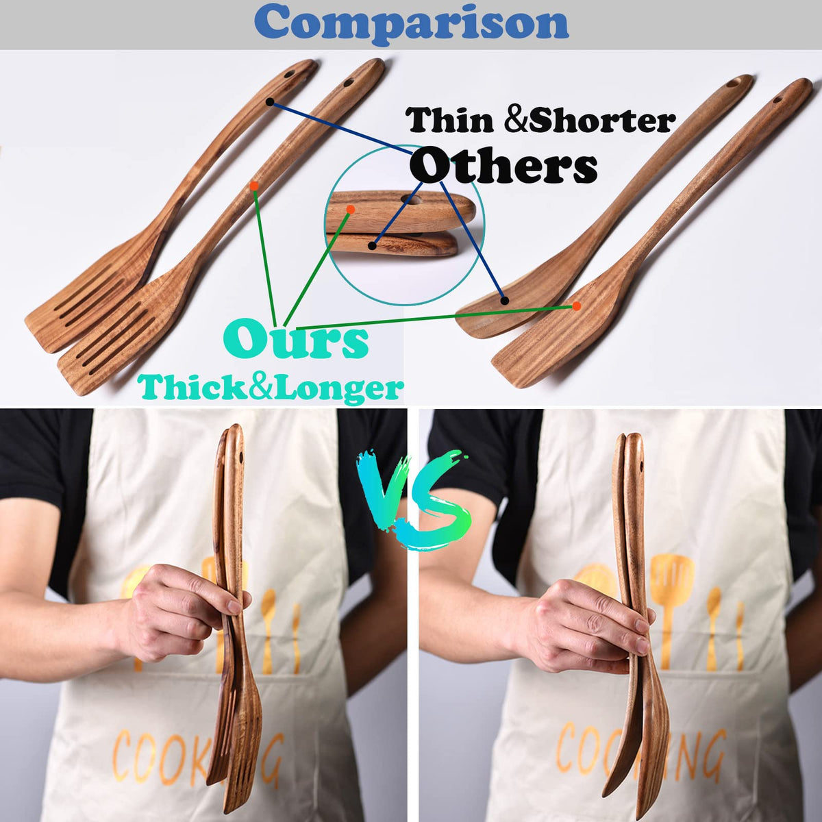 Gudamaye 13 inch Long Wooden Utensils for Cooking, Long Handle Wooden Spoons for Cooking, 7 PCES Crafting Wooden Spoon Set, Wooden Kitchen Utensil set, Natural Teak Wooden utensil Set