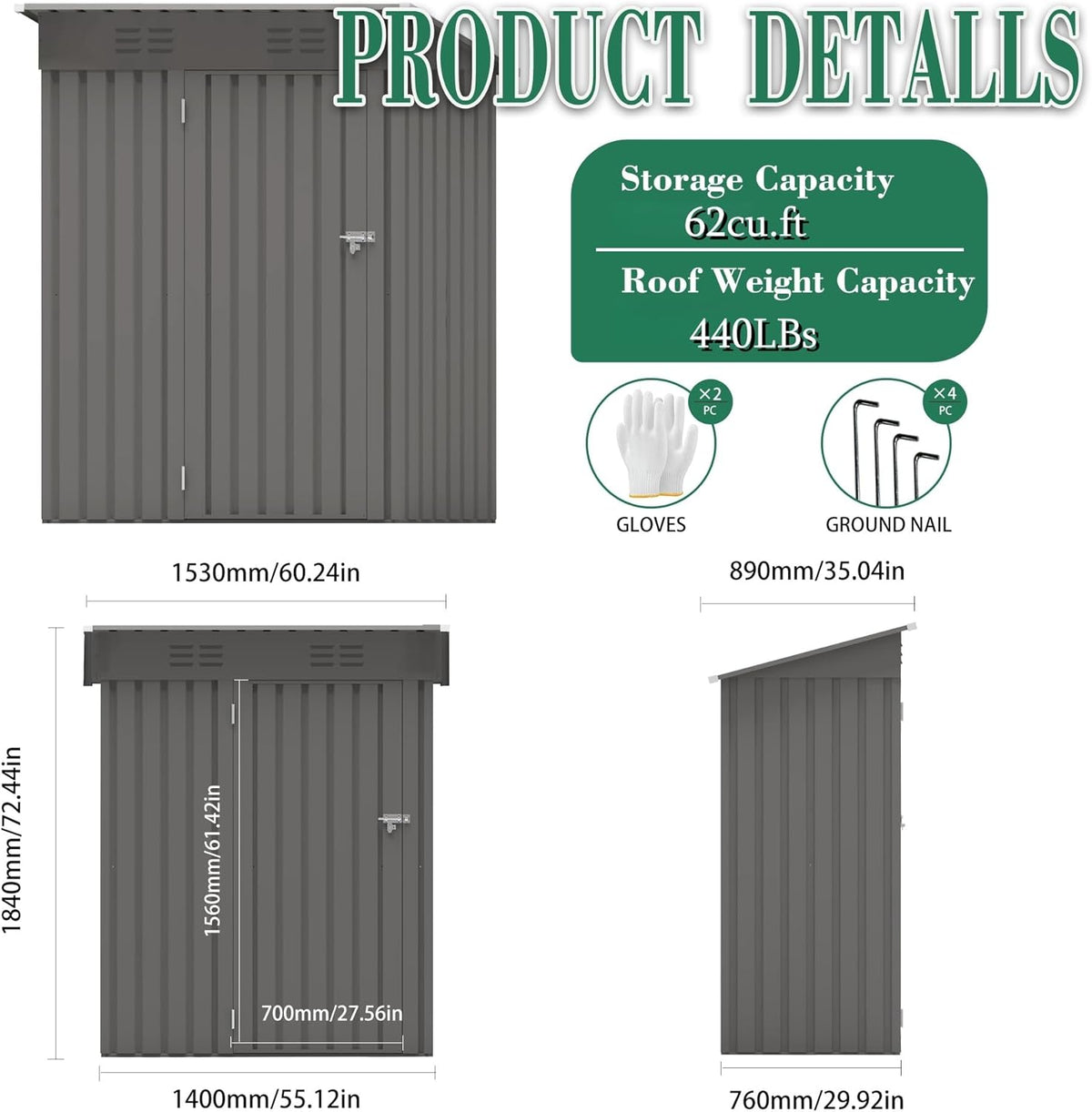 5x3x6FT Outdoor Storage Shed, Galvanized Steel Garden Shed with Lockable Door & Window, Waterproof Metal Tool Storage for Garden, Backyard, Patio, Lawn(Pitched Roof)