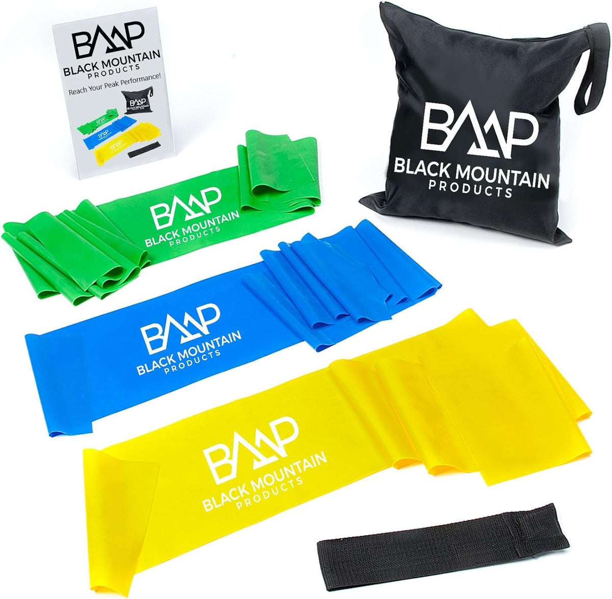 Black Mountain Products Therapy Exercise Bands with Resistance Band Carrying Case, Door Anchor and Starter Guide, Yellow, Blue, Green