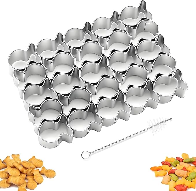 GoldFish Cracker Cutter, 25 Cavity Mini Cookie Cutters with Cleaning Brush, Goldfish Mold Stainless Steel Fish Shaped for Non-Stick Dough DIY Cookie Mold