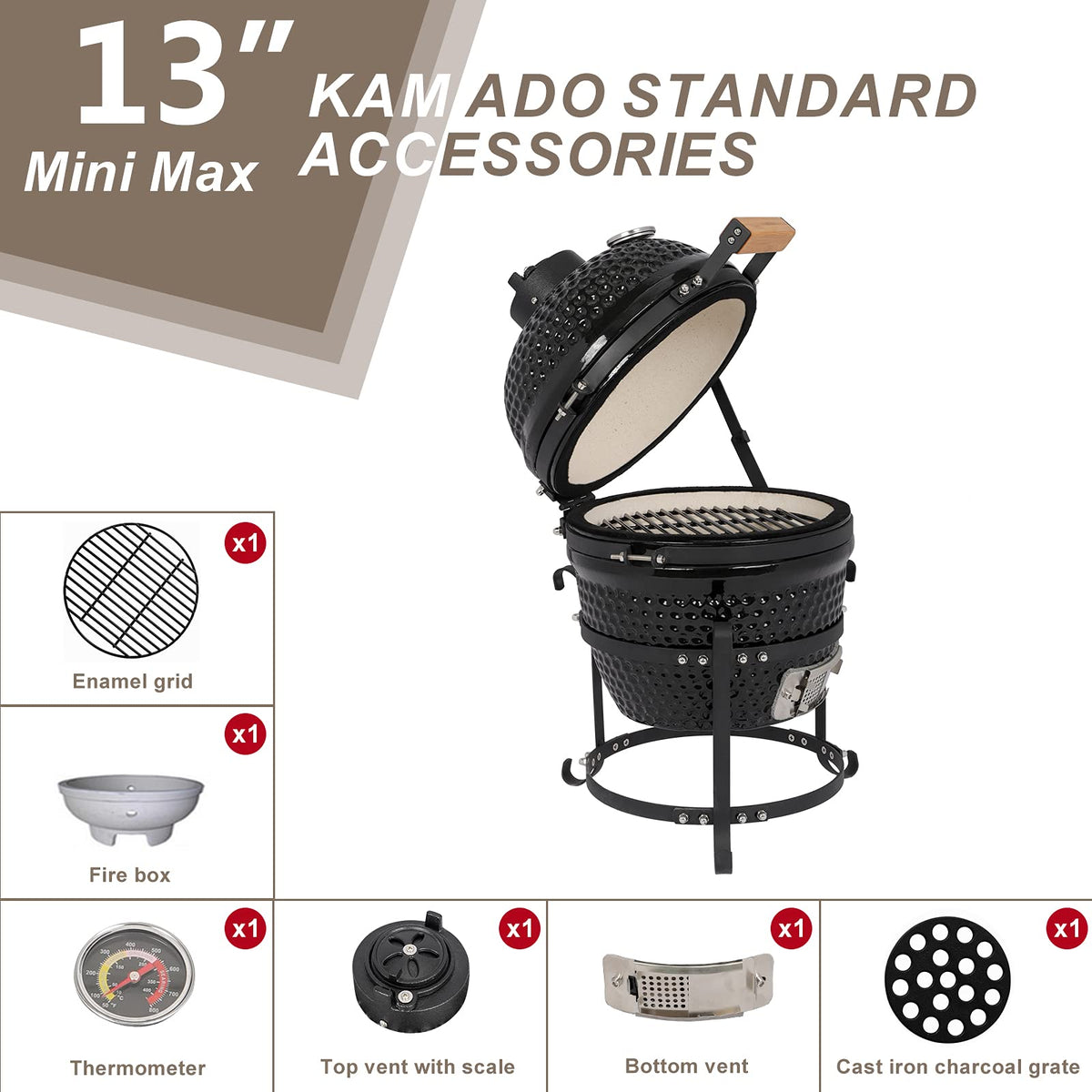 Sky Limited 13" Round Kamado Charcoal Grill, Portable Ceramic Barbecue Grill with Thermometer for Variations on Cooking Methods(Black) (Black)