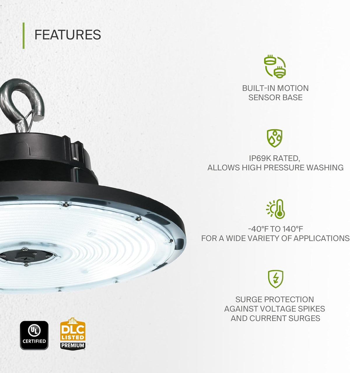 ASD LED High Bay UFO Light Fixture, Commercial Shop Lighting | Dimmable, IP69K Waterproof, DLC Premium, UL Listed | 500W 71400LM 5000K 100-277V | Warehouse, Garage, Workshop Lamp | Black