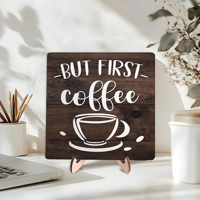 Vintage Coffee Bar Wooden Plaque Desk Sign, Farmhouse Wood Plaque Tabletop Decor for Cafe Bar Kitchen Office,Coffee Station Accessories 5.9x5.9Inch