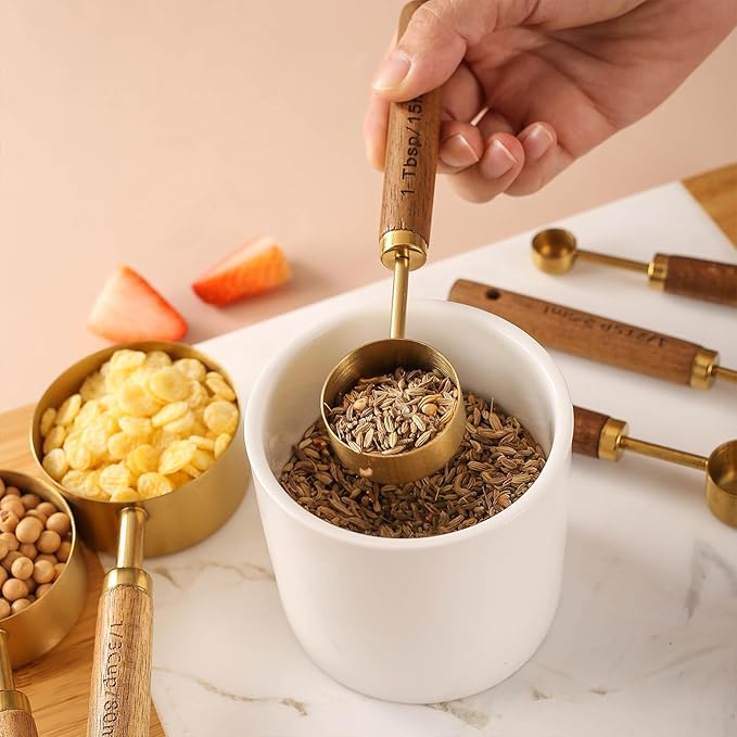 8Pcs Measuring Cups and Spoons Set - Golden Stainless Steel Measuring Cups with Wooden Handle, Metal Measuring Spoons Set Nesting Kitchen Measure Set for Kitchen/Food/Baking (8Pcs Wooden Handle)