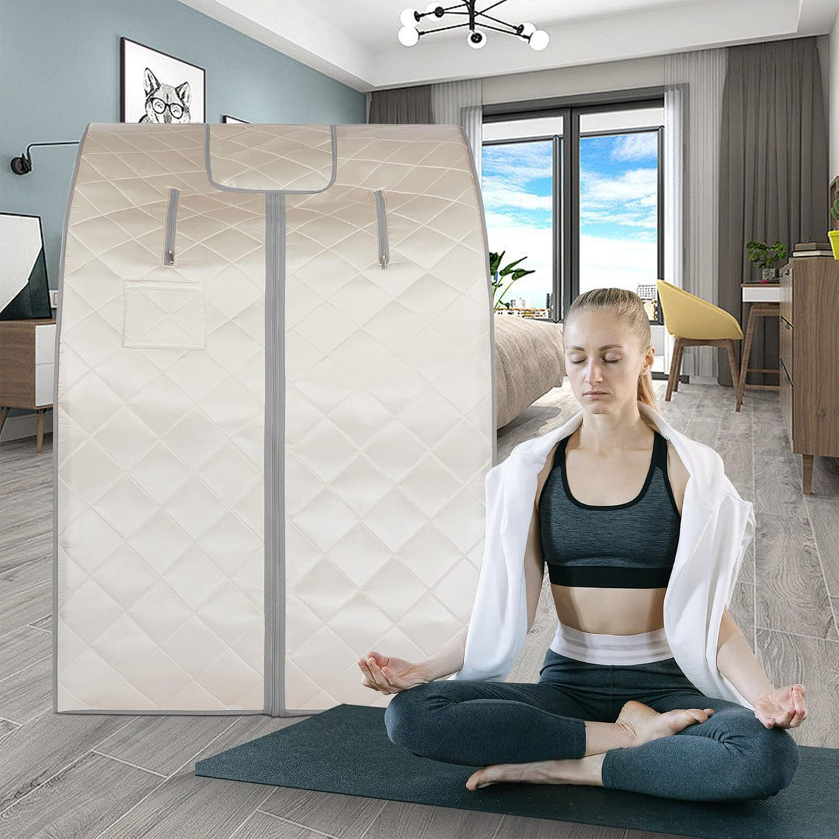 Smartmak Far Infrared Sauna, Full Body One Person Portable SPA Set with Time & Tempreture Remote Control, Heating Foot Pad and Foldable Reinforced Chair (L 27.6’’ x W 31.5’’ x H 37.8’’)- Beige