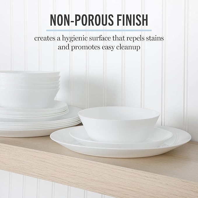 Martha Stewart Opalton 18-Piece Dinnerware Set – Chip and Break Resistant Opal Glass Plates and Bowls, Lightweight White Dinner Set for 6, Microwave and Dishwasher Safe