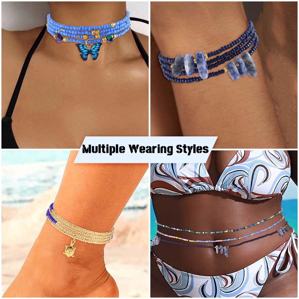 ELABEST 24-39inch African Waist Beads for Women 8Pcs Elastic Belly Beads Colorful Beaded Waist Jewelry Accessories Body Chain (Blue, 31.5inch/80cm)