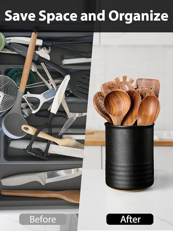 ABRUTY Utensil Holder, 6.7" Ceramic Kitchen Utensil Crock for Countertop Cooking, Modern Utensil Caddy Jar Organizer for Farmhouse Kitchen Counter Décor, Textured Black
