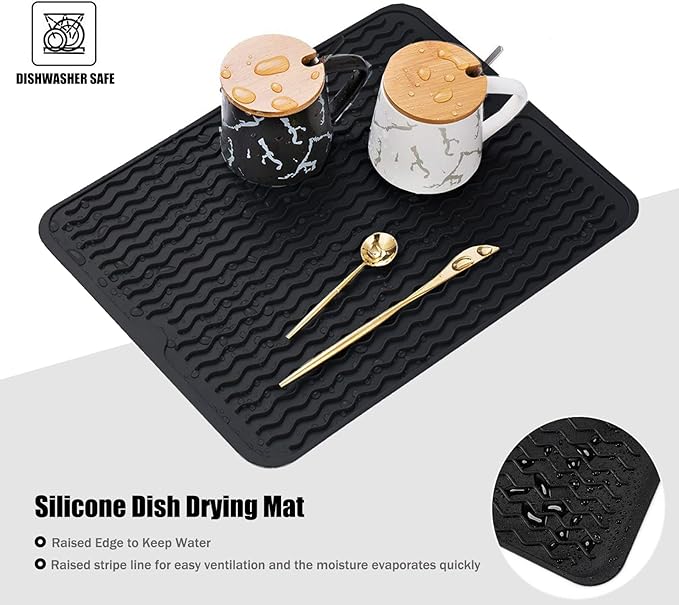 Large 17" x 14" Silicone Dish Drying Mat for Kitchen Counter, Easy clean, Quick Dry, Heat-resistant Dish Drainer Mat for Sink,Refrigerator or Drawer liner (Food Grade Silicone-Beige)