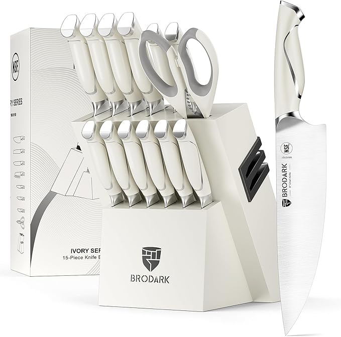BRODARK Kitchen Knife Sets with Block and Built-in Sharpener - Ultra Sharp15 Pcs Full Tang Professional Chef Knife Set, High Carbon Super Steel Cutlery Set, Ivory Series with Gift Box for Mom