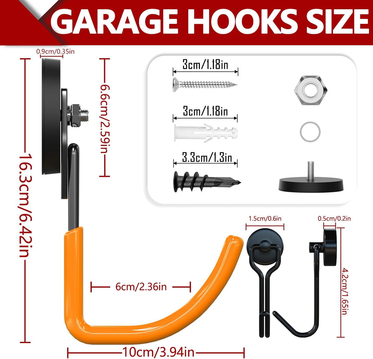 3-H Heavy Duty Magnet Garage Hooks 2 Pack, J Shape Strong Magnetic Hooks for Hanging Cordless Power Drill, Utility Magnetic Tool Holder for Metal Cabinet, Steel Pegboard, Toolbox, Garage(Orange)