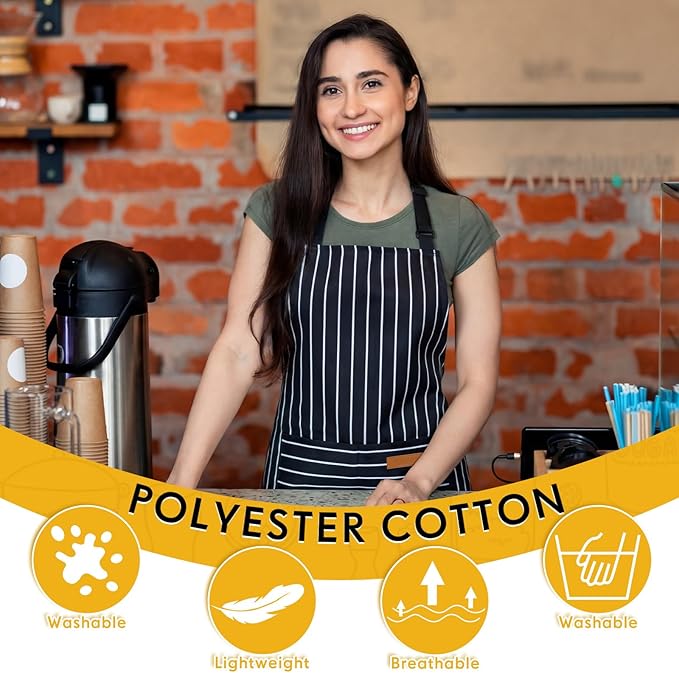 Handepo 4 Pcs Kitchen Aprons with Pockets Adjustable Waterproof Cotton Aprons Striped Apron for Women Men Chef Mother Gift
