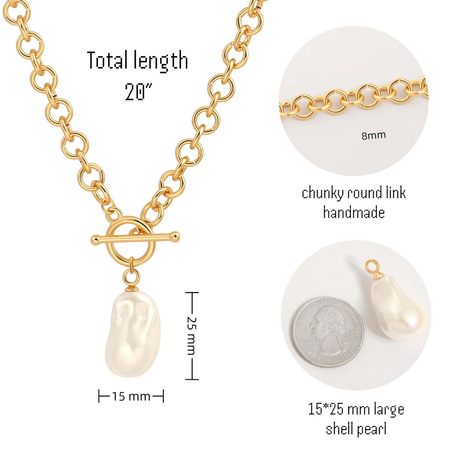 Large Baroque Pearl Pendant Necklace, 18k Gold Plated Chunky Chain Link Necklace for Women, Statement Necklace with Toggle Clasp