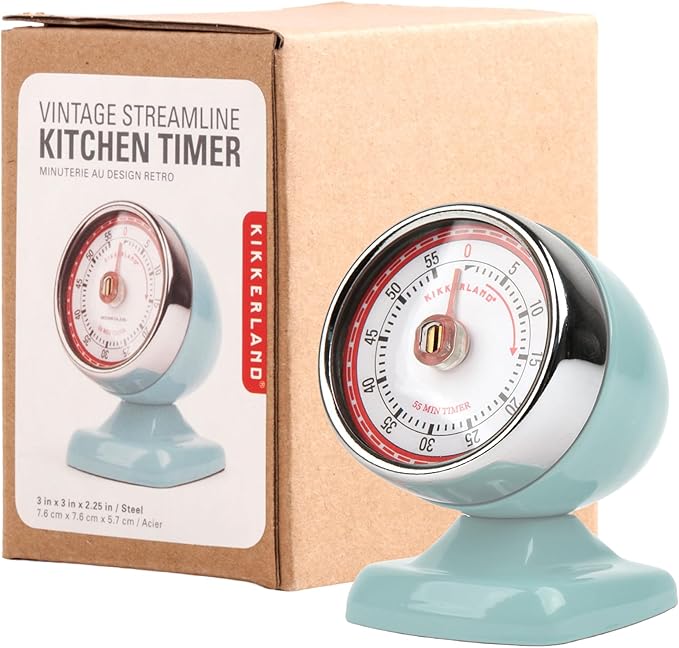 Kikkerland Vintage Streamline Timer – Retro Decor for Home & Kitchen – Windup Timekeeper in Blue