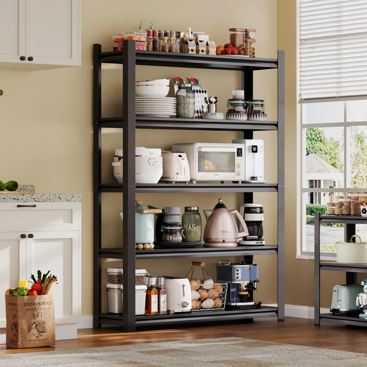 72H Metal Kitchen Storage Shelves, 3000 LBS Heavy Duty Garage Shelving Unit, 5-Tier Adjustable Pantry Shelves, Food and Beverage Storage Rack, Appliance Storage Utility Shelf for Balcony - Black