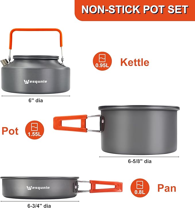Camping Cooking Cookware Mess Kit - Non-Stick Lightweight Pot Pan Kettle Set with Collapsible Pour Over Coffee Dripper, Outdoor Kitchen Cook Essentials Gear for Camping Hiking Picnic