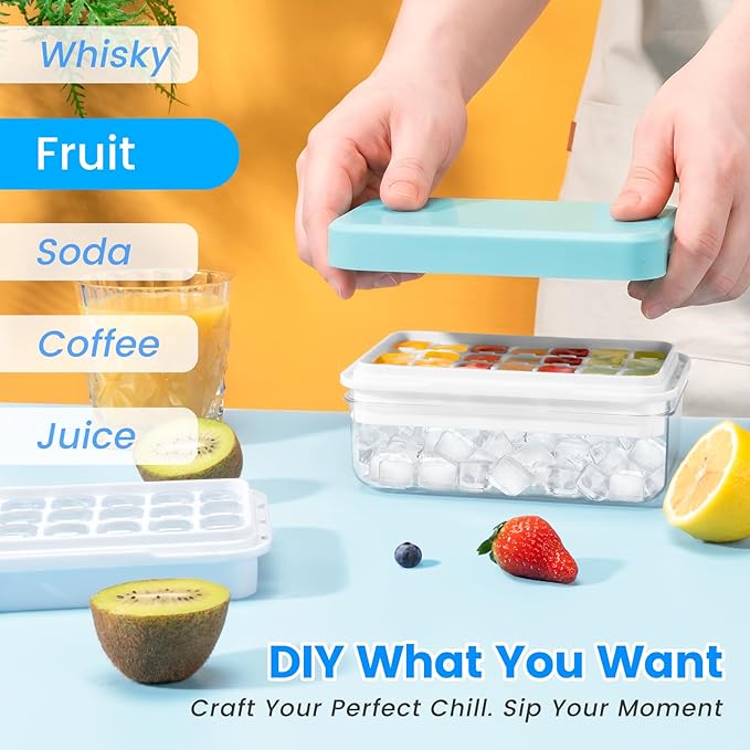 Ice Cube Tray with Lid and Bin, PHINOX 84 pcs Ice Trays for Freezer, Ice Cube Trays for Freezer with 3 trays, Container, Lid & Ice Scoop, BPA Free