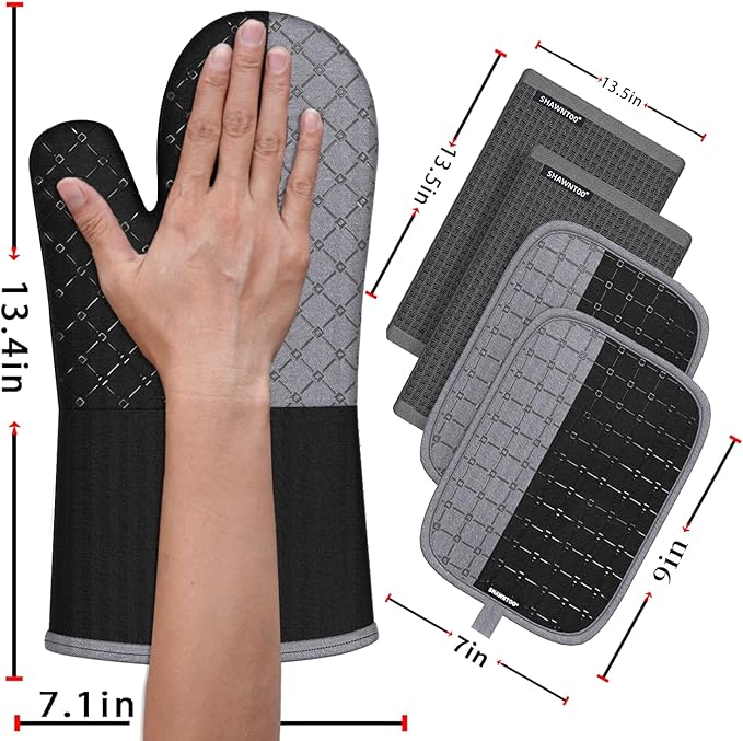 Oven Mitts and Pot Holders Sets 6pcs, Kitchen Oven Glove,High Heat Resistant 550 Degree Extra Long Oven Mitts and Potholders with Non-Slip Silicone Surface for Home Essentials (Grey) (Matte Black)
