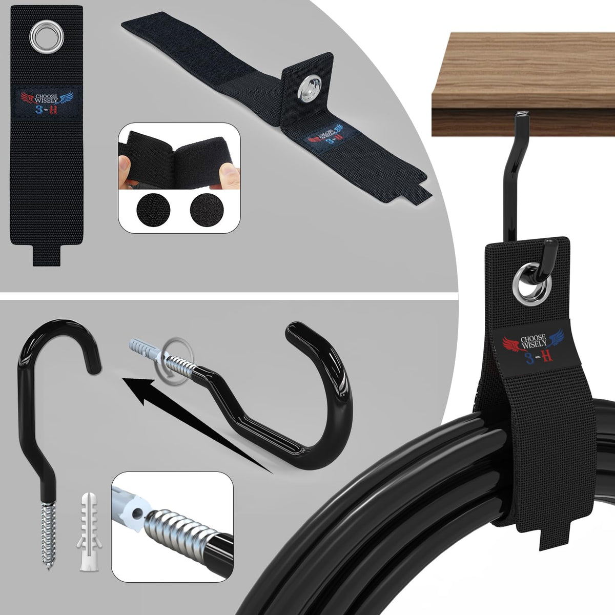 3-H Garage Wall Hooks 60 Pack, Heavy Duty Garage Hooks with Extra Welding Spots, Wall Mount Storage Organizer for Hanging Garden Lawn Tools, Ladder, Bike, WeedEater, Chair, Shovel, Blower (Black)