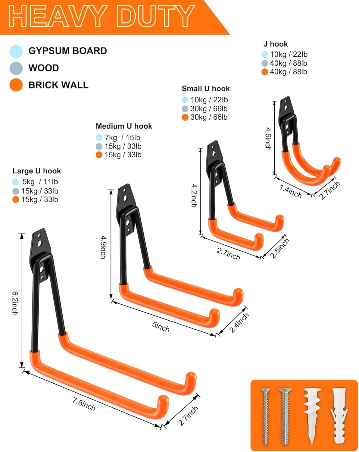 QcoQce 13 Pack Garage Hooks Heavy Duty with 2 Extension Cord Straps,Garage Storage Hooks, Wall Mount Hooks, Garage Organization and Tool Hangers for Bike, Ladder, Ropes and Garden Tools(Orange)