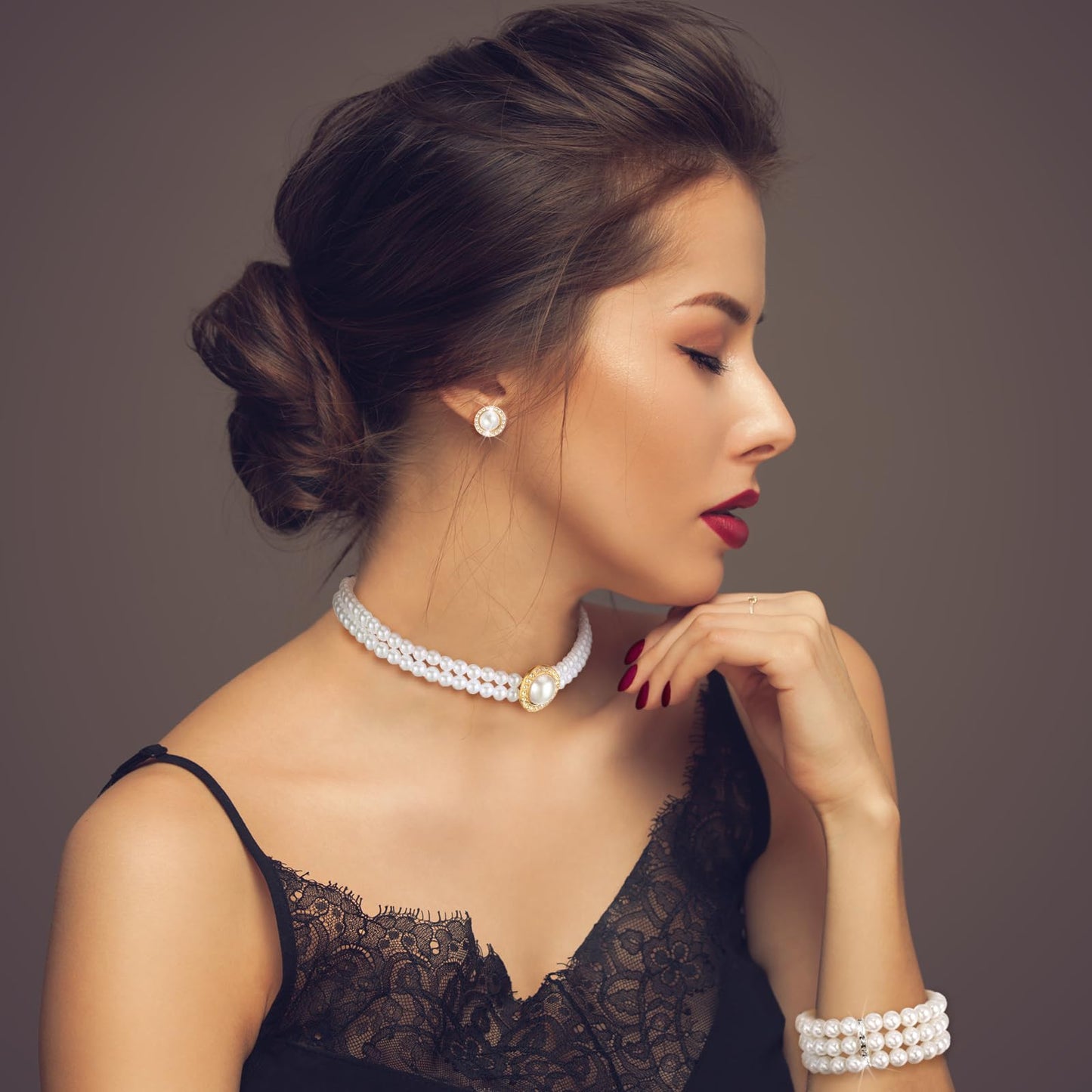 Glenmal Pearl Rhinestone Jewelry Set for Women Pearl Necklace Bracelet Earrings for Wedding Birthday Bridal Shower Tea Party(Trendy Style)