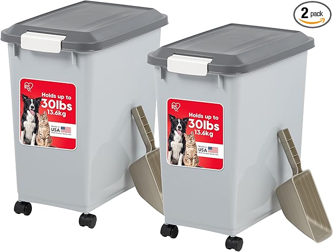 IRIS USA Dog Food Storage Container with Wheels, Airtight Lid, 2-Cup Scoop, Up to 30 Pounds Pet Food Storage, Built in Scoop Storage in Lid, Pet Food Bin, Portable, BPA Free, 2 Pack, Gray/Dark Gray