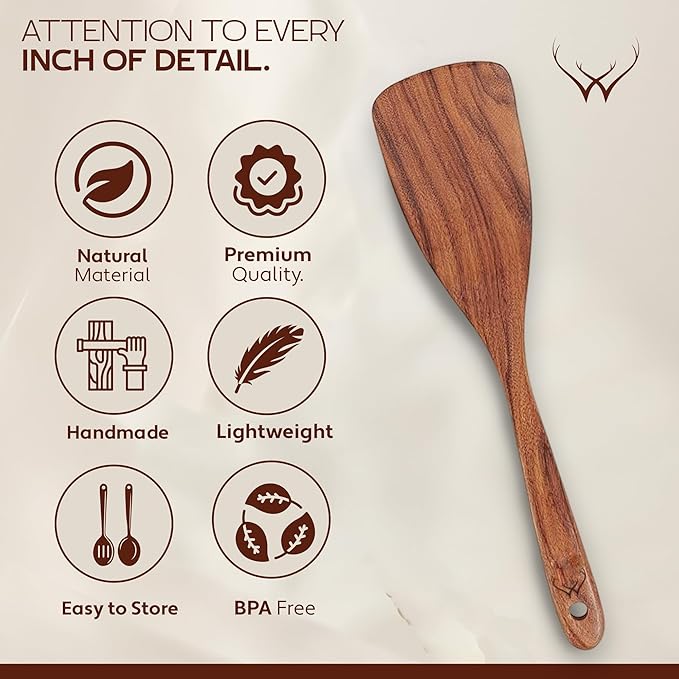 9 Pcs Teak Wooden Spoons for Cooking with Rest - Premium Utensils Set with Long Handles – Heat-Resistant Kitchen Tools for Stirring, Mixing, Serving – Durable Cooking Utensils Set with Spatula