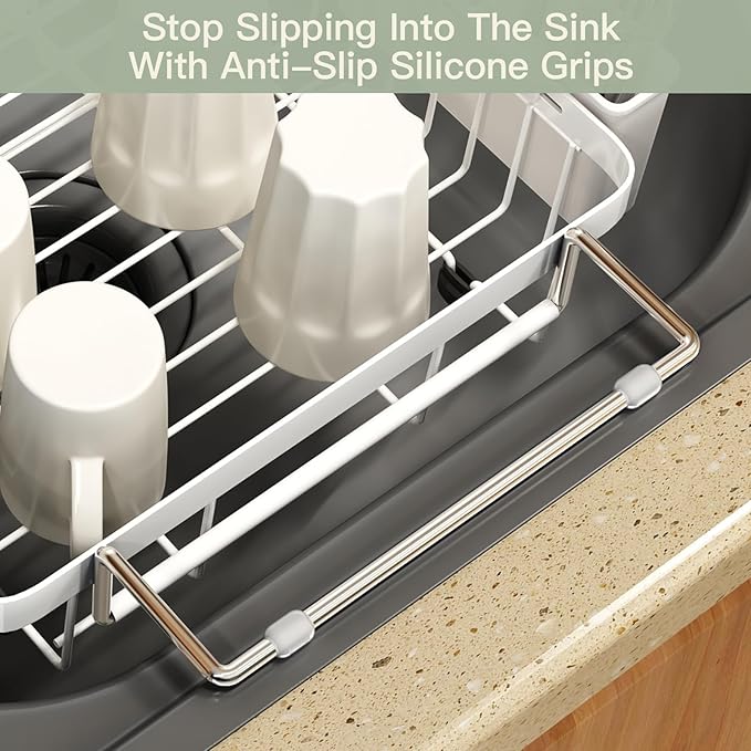 MAJALiS Dish Drying Rack Over The Sink, Expandable Stainless Steel Dish Drainer for Small Kitchen Counter Space Saving, RV Compact Plate Strainer in White Metal with Hanging Adjustable Utensil Holder