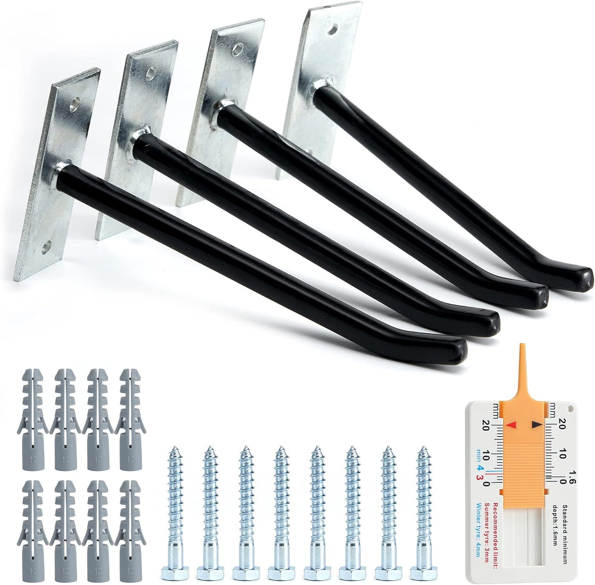 Sinoer 4PCS Garage Hooks Tire Storage System,Wall Mount Hooks with Metal Screws and Anchors - Tire/Rim Holder for Car ，Black